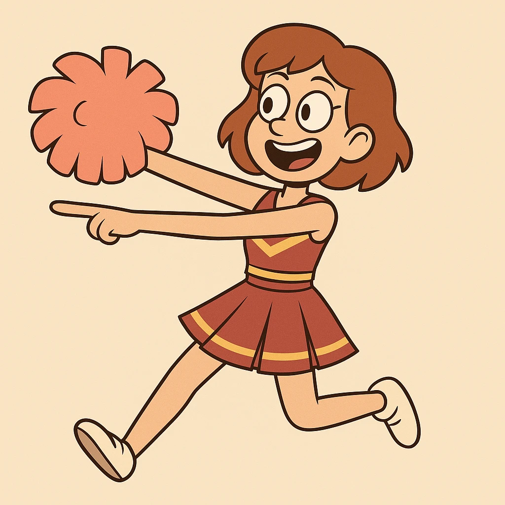 Change the pose so both of the cheerleader's arms are pointing to the left, keeping the same flat toon style and cheerful expression. emoji