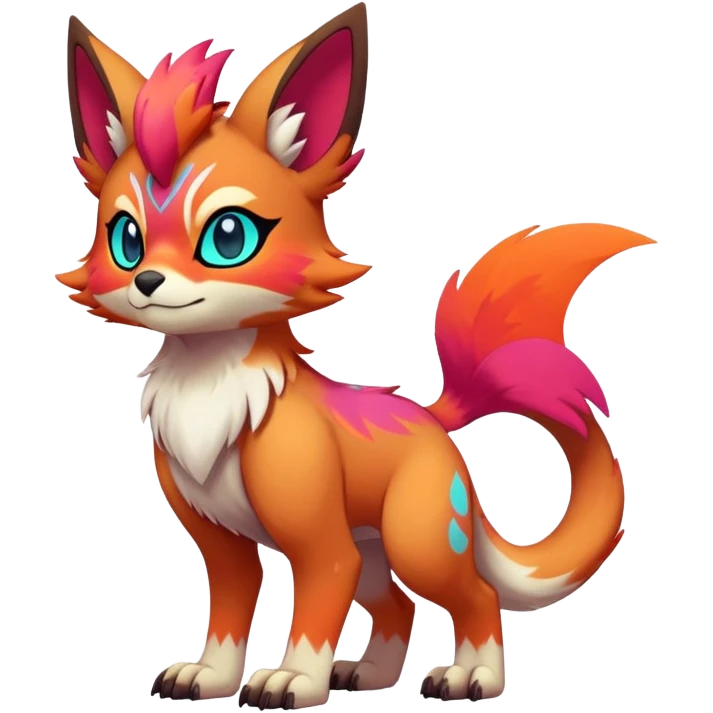 Male Neon-colored multi-colored cute cool exotic Falvie-Fionbri-fantasy-creature-fursona-Fakémon-Pokémon, full body, with markings emoji