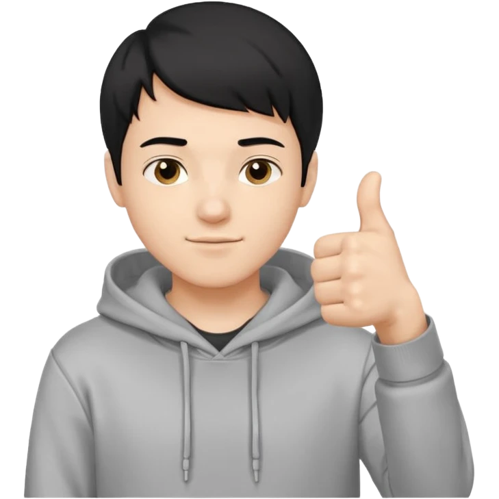 парень в худи с короткой стрижкой на бок и черными волосами смотрит в камеру, и показывает ЛАЙК. Его рука очень близко к камере, потом он снова возвращает руку в исходное положение emoji