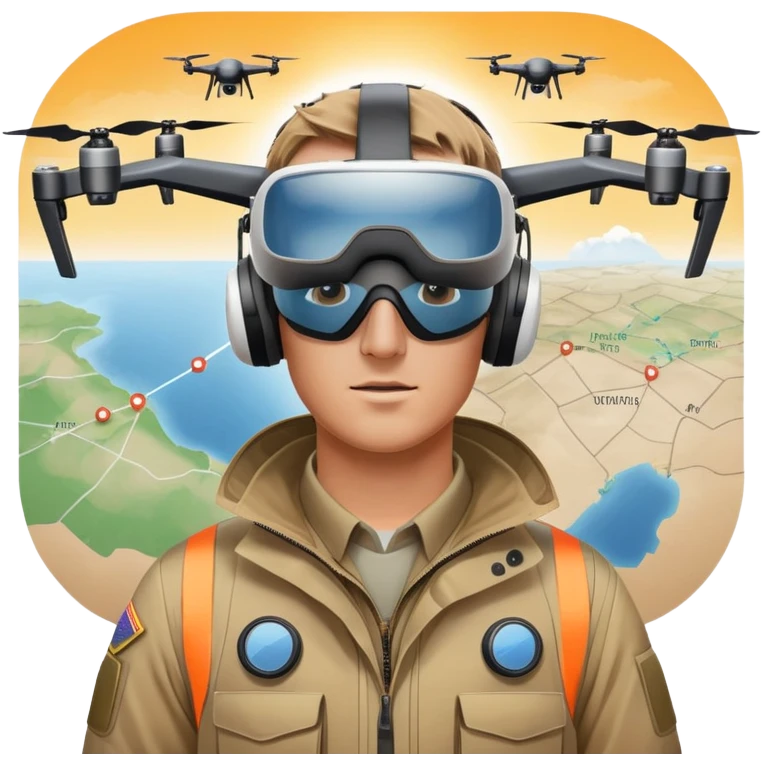 Gender: Male Hair: Military fade with VR headset indentation Face: Sunburned nose bridge from outdoor testing Clothes: High-visibility jacket with drone battery holster Action: Swarming UAV icons on weather-overlay map emoji