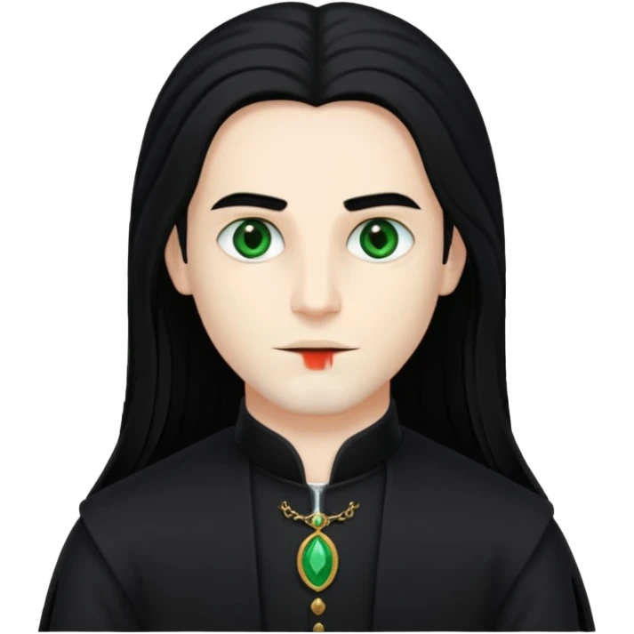 Louis de Pointe du Lac with white skin, green eyes , long black hair, black outfit emoji