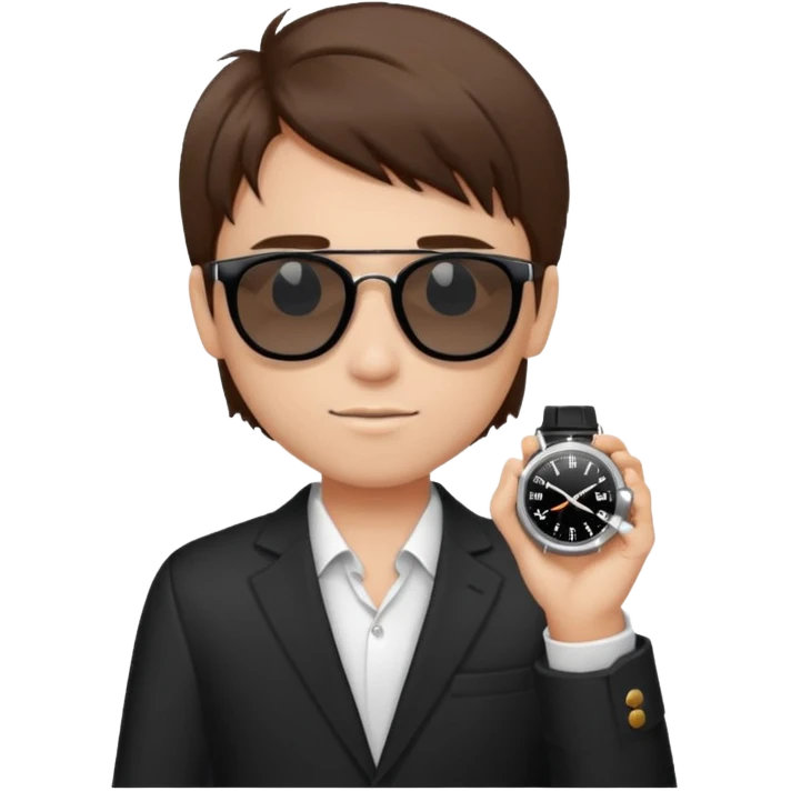 Un niño con pelo lacio color castaño,con lentes de sol negros y un reloj en la mano emoji