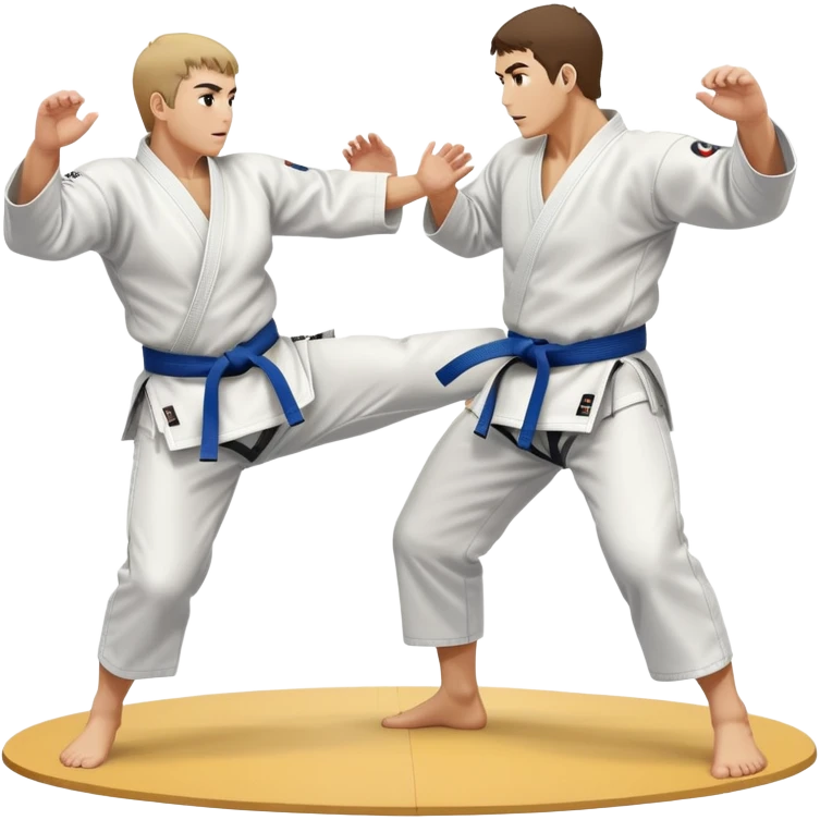 Two judo practitioners in traditional gi, one executing a powerful throw while the other is countering with a defensive move. The background features a judo mat and a focused dojo atmosphere. Transparent background highlights the precision and technique of judo. emoji