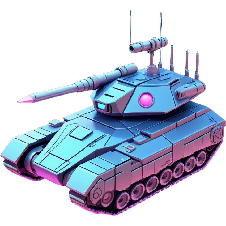 Clash of Clans aesthetic: Cinematic Playful Space Tank Emoji, rendered in a 3D vector-style similar to standard emojis with minimal shading and bold, simplified shapes. A robust, isometric armored vehicle with sleek futuristic plating and energy cannons, softly glowing with a high-tech cosmic combat charm. Simplified yet unmistakably iconic, highly detailed and consistent, glowing with a soft radiant shine and high gloss. Stylized with a touch of intergalactic warfare and a soft glowing outline, capturing the essence of a futuristic battle machine with a friendly, playful spirit! emoji