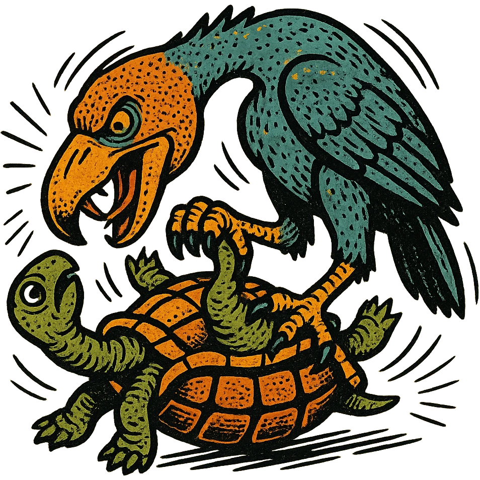 an insignia for a flag: a strange foreign alien bird creature, resembling a prehistoric phorusrhacos, gripping a upturned tortoise with a claw with its' beak tearing down into it
 emoji