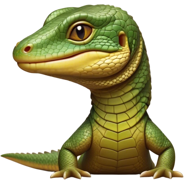 Cinematic Realistic Cute Monitor Lizard Portrait Emoji, Head tilted playfully and inquisitively, featuring a compact, agile body with finely detailed, glossy scales in earthy olive hues and a distinct, alert face with bright, curious eyes, rendered with lifelike natural highlights, high shine, affectionate and spirited, styled with a touch of rugged whimsy, soft glowing outline, capturing the essence of a mischievous yet lovable monitor lizard that seems poised to scurry playfully into your arms! emoji
