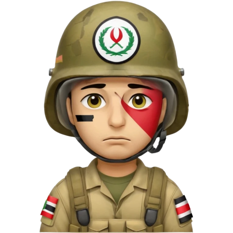 Tired Iraqi soldier wearing helmet with Iraqi flag, sad expression, half open eyes and bags under eyes, reflecting fatigue and pain emoji