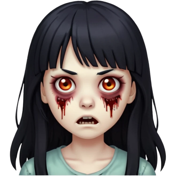 zombie girl with long black hair, bangs, and scary expression emoji
