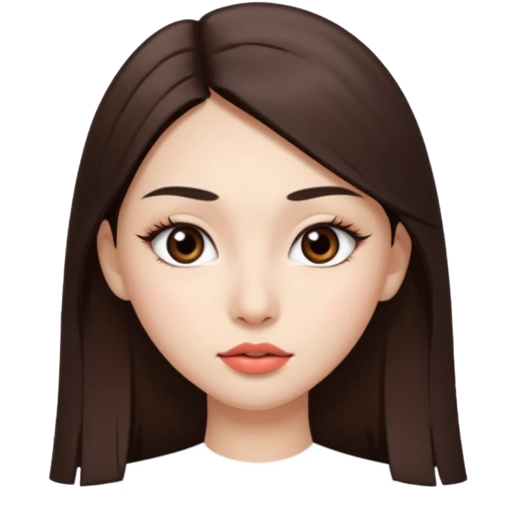 Una chica con piel muy clarita con pleo liso largo de color castaño y unos ojos marrones oscuro y labios grandes y nariz bonita y con unas pestañas que parezca asiatica que tenga las cejas un poquito mas juntas emoji