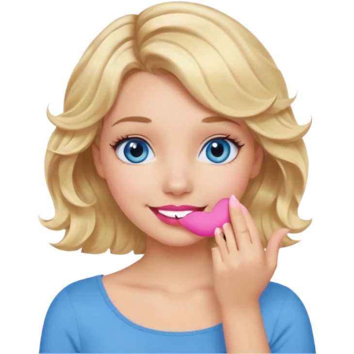 Girl Blonde short wavy hair,  blue eyes, cute blue top, long lashes, pink lips, smiling, hand covering the mouth emoji