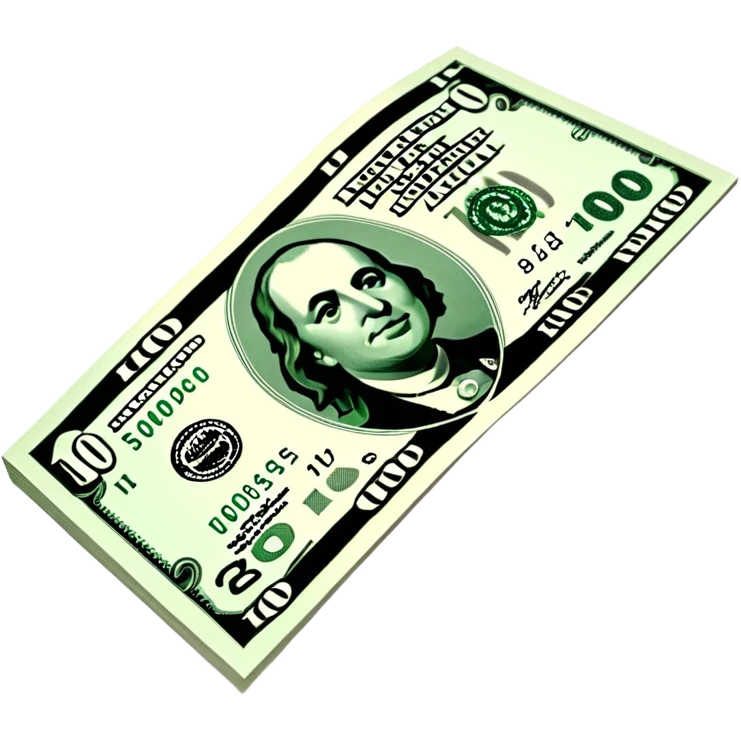 3D realistic US 100 dollar bill sticker, slight perspective, centered, clean cutout, transparent background, no text, no watermark emoji