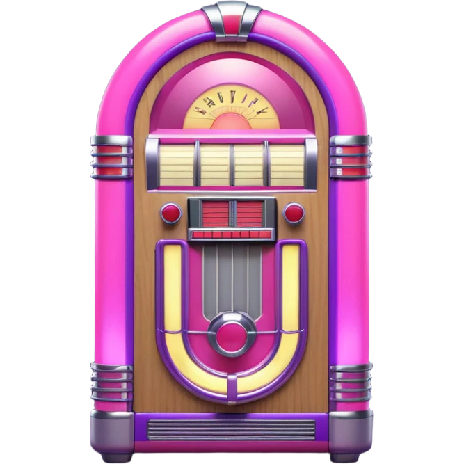3D render of Jukebox, vintage 1980s audio equipment aesthetic, tactile analog buttons, neon pink and purple light tubes with chrome trim, mixed wood grain and brushed aluminum textures, Apple emoji style, isolated on white background --v 6.0 emoji