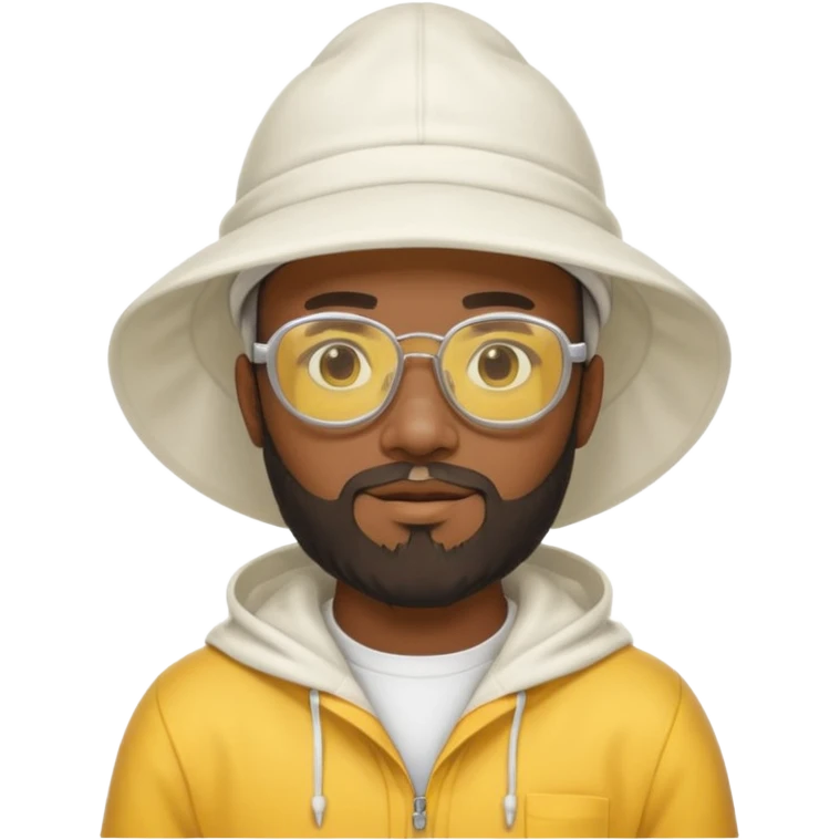 black male bee keeper with beard, white hat and yellow glasses, white outfit, white hood emoji