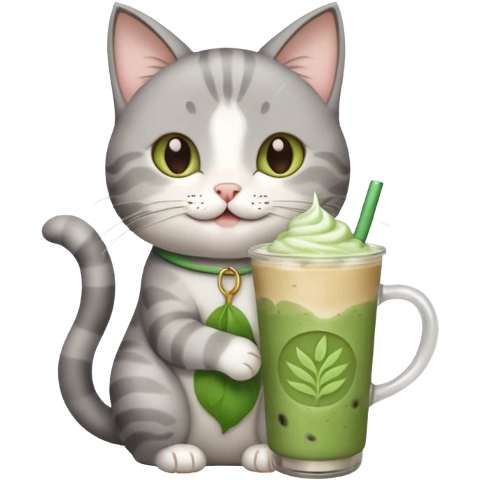 Happy gray Cat holding in its front two paws an iced matcha latte emoji