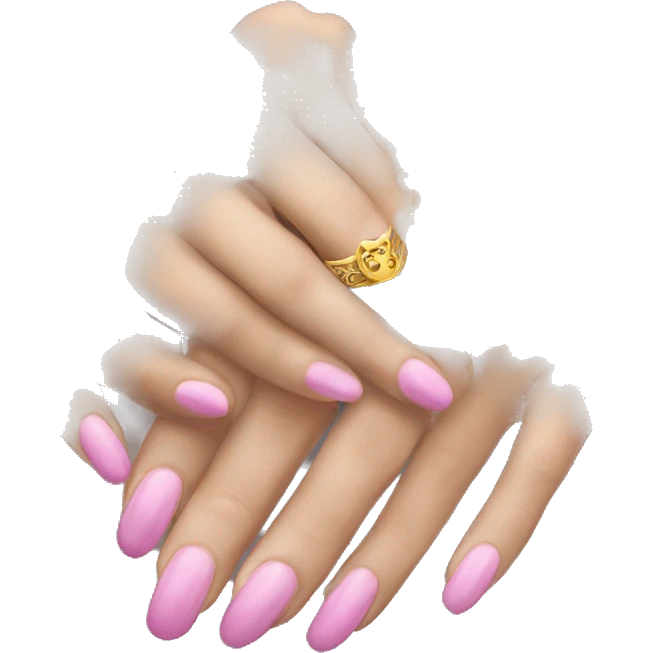 A white woman’s praying hands with pink nails and a gold ring emoji
