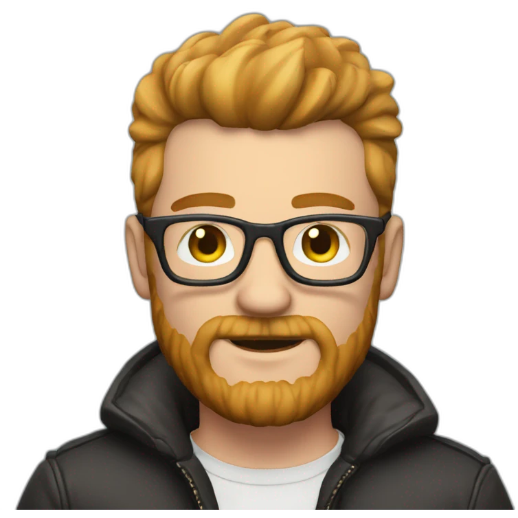 white man with brown beard and pink mohawk haircut and thick glasses wearing a leather coat emoji