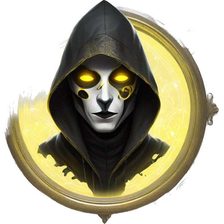 A digital painting of a SPECTRE, cyberpunk man with glowing yellow eyes and black and white face paint, wearing a dark hooded cloak, portrait, intricate details, silver ornate circular frame emoji