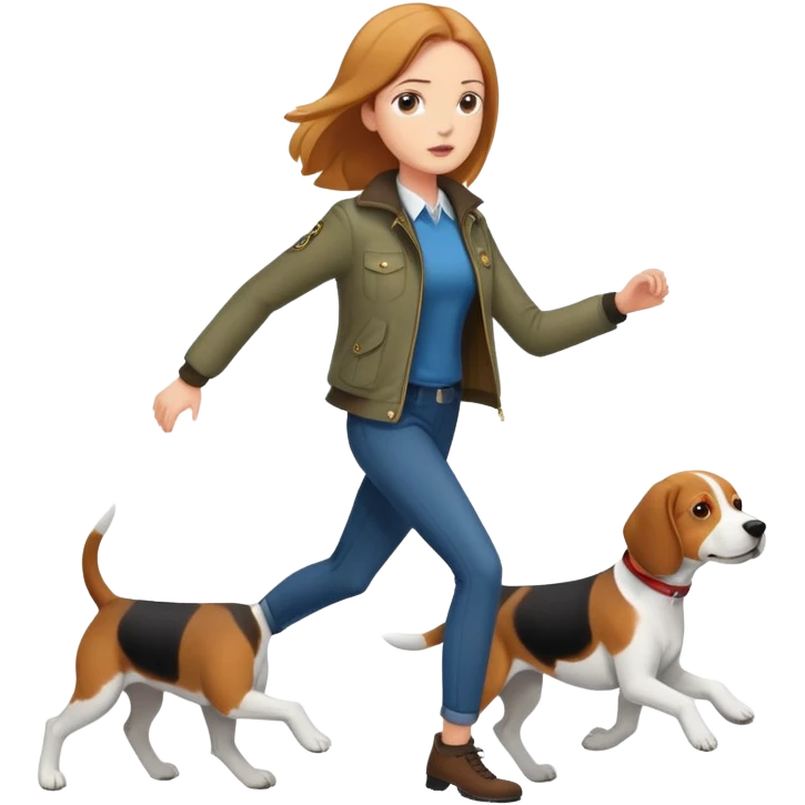 A beautiful tall girl with fair skin wearing a jacket chasing a beagle emoji