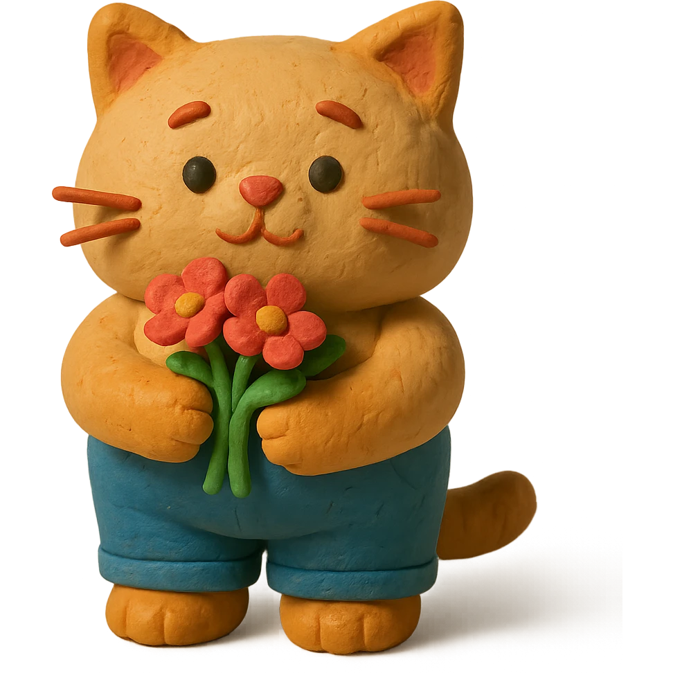 a chubby kitten dressed in pants and holding flowers emoji