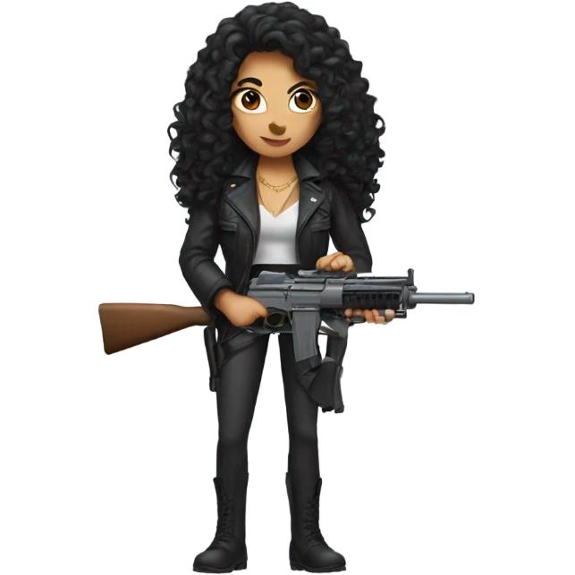 woman with long black curly hair and a gun emoji