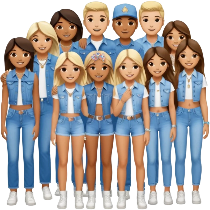 Group of 19 friends at Coachella festival in matching denim and diamonds themed outfits (9 girls and 10 boys) emoji