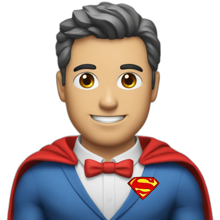 An employee of a real estate agency in a Superman suit with a red letter e on his chest emoji