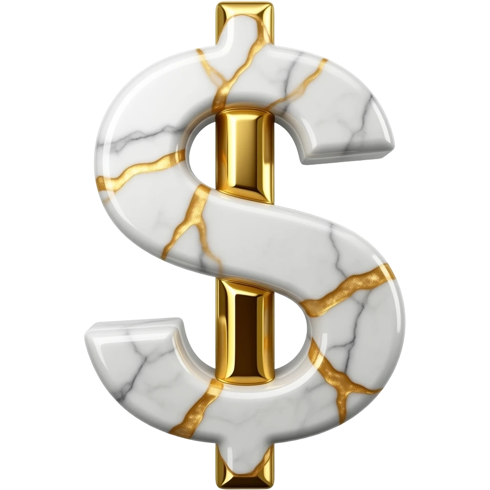 A luxurious uppercase letter '$' crafted from polished white Carrara marble with deep veins of more glowing liquid gold flowing through it. High-end jewelry aesthetic, soft studio lighting, elegant and Luxurious Marble Letter. emoji