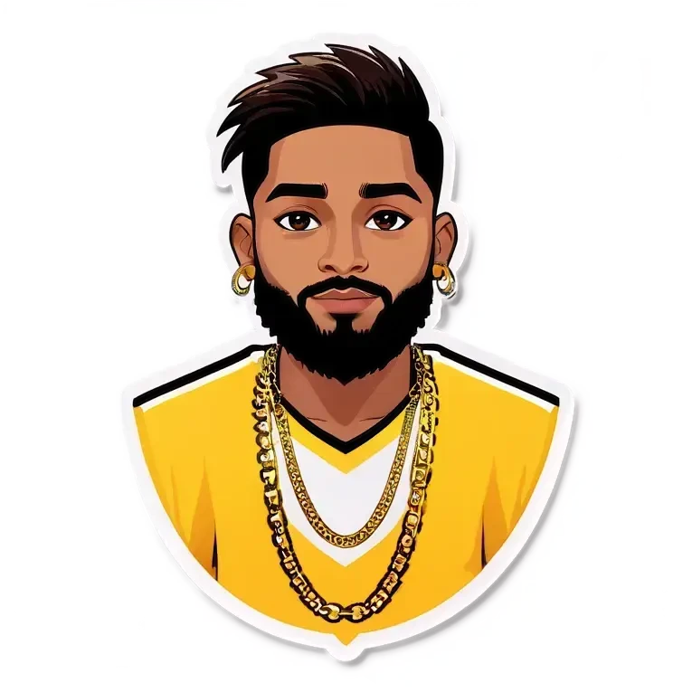 indian boy, with low taper fade and fluffy hair striahgt, , and a started beard, wearing gold chains, with earing.\ emoji