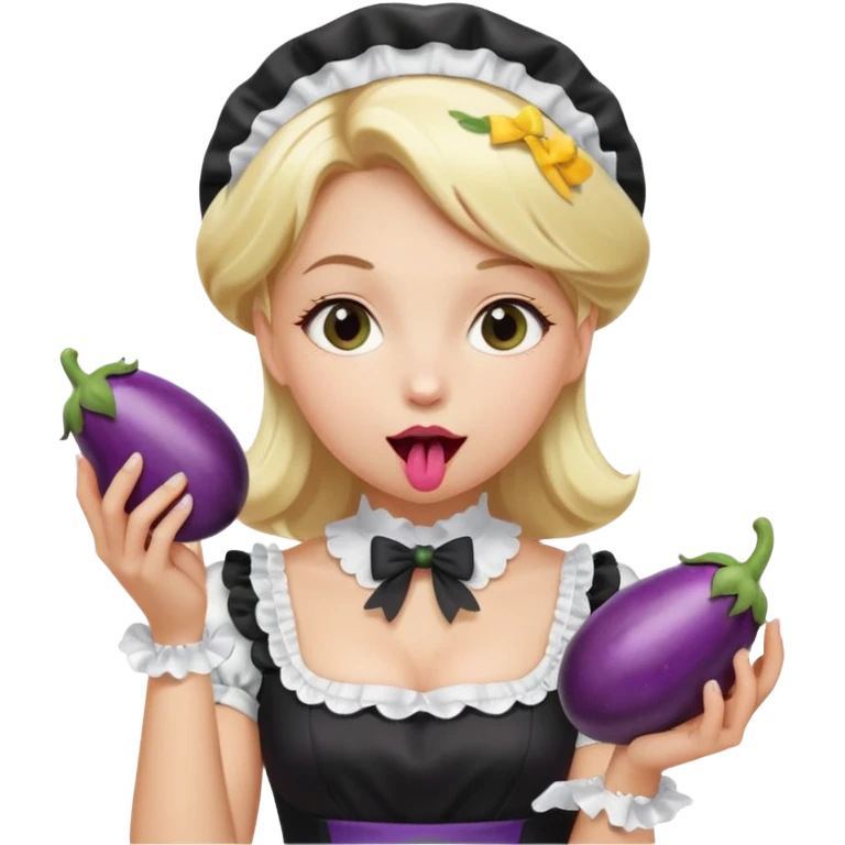A women with blond hair in a black and white maid dress, licking an eggplant emoji