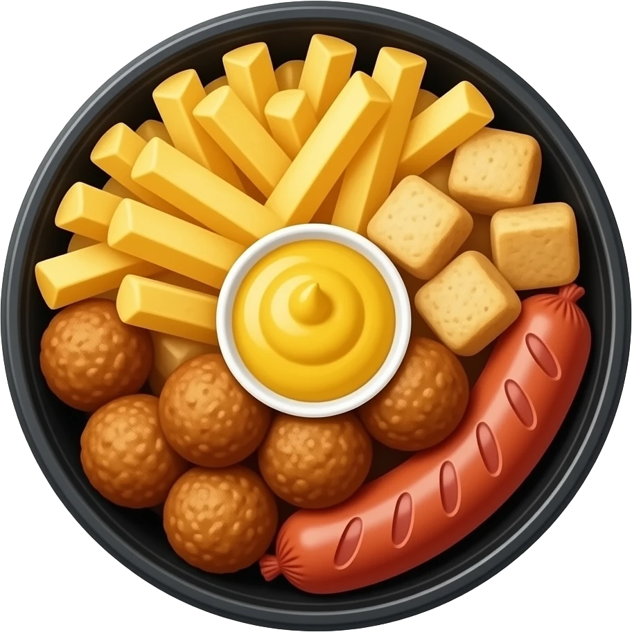french fry, chicken cubes, sausage slices and meatballs all mixed together with mustard sauce in a black round plastic box. Its called a Special loaded box. with everything mixes with one another. no individual item at one side. mix everything emoji
