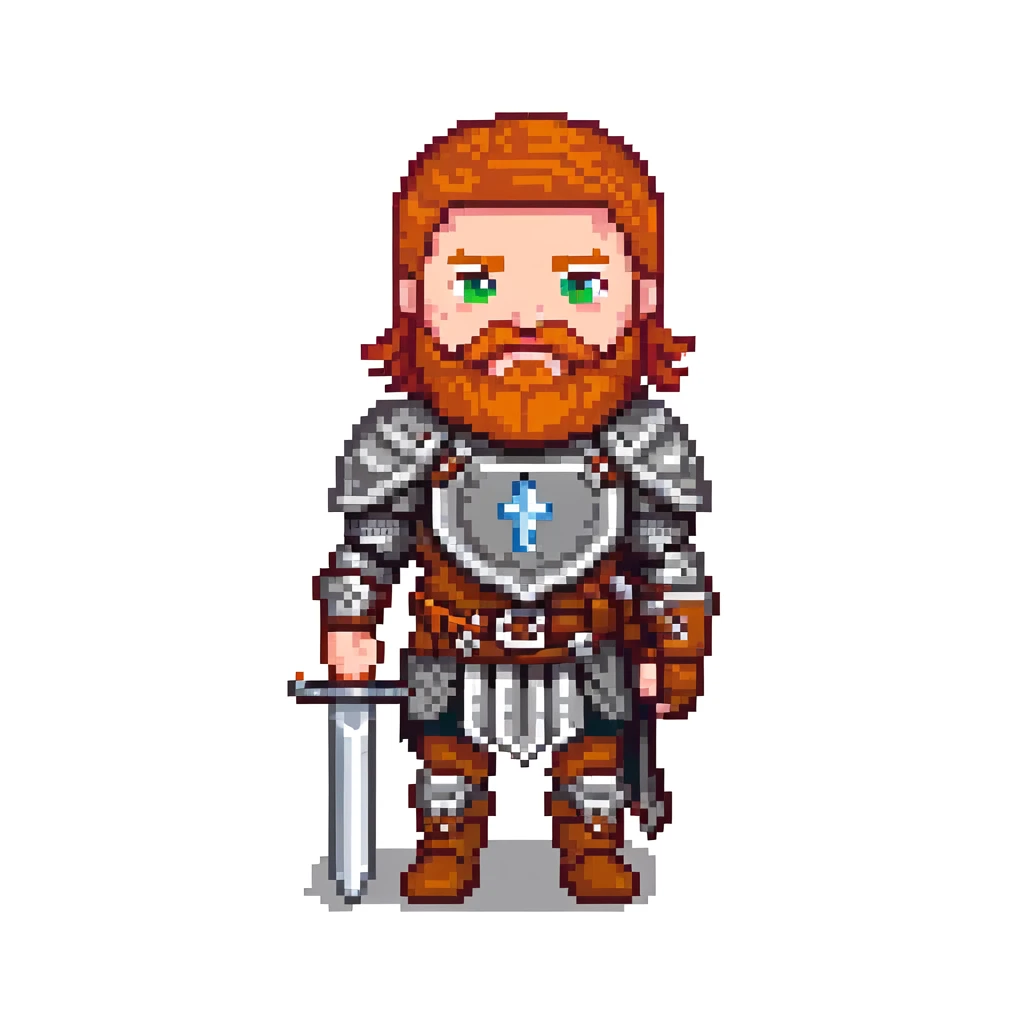 ginger viking with red hair and beard, leather and metal armor, shield and sword emoji