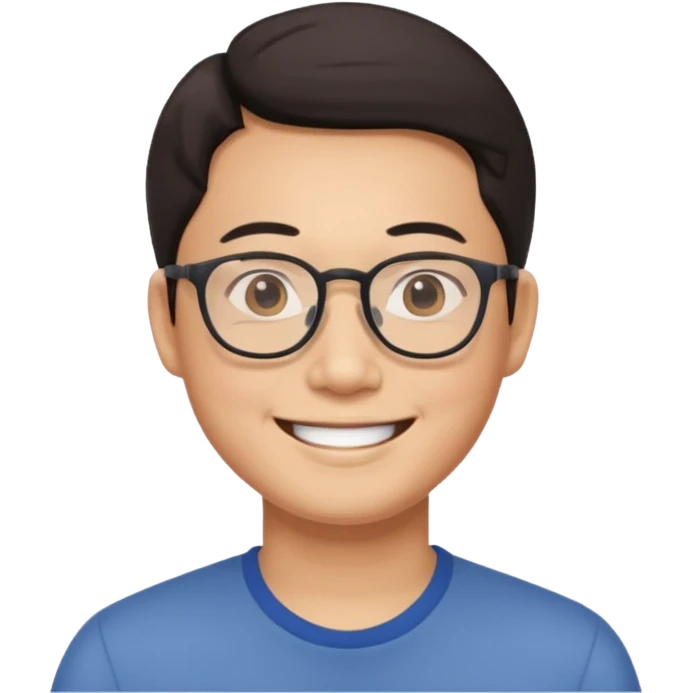 male Asian face with glasses, smiling, minimal background emoji