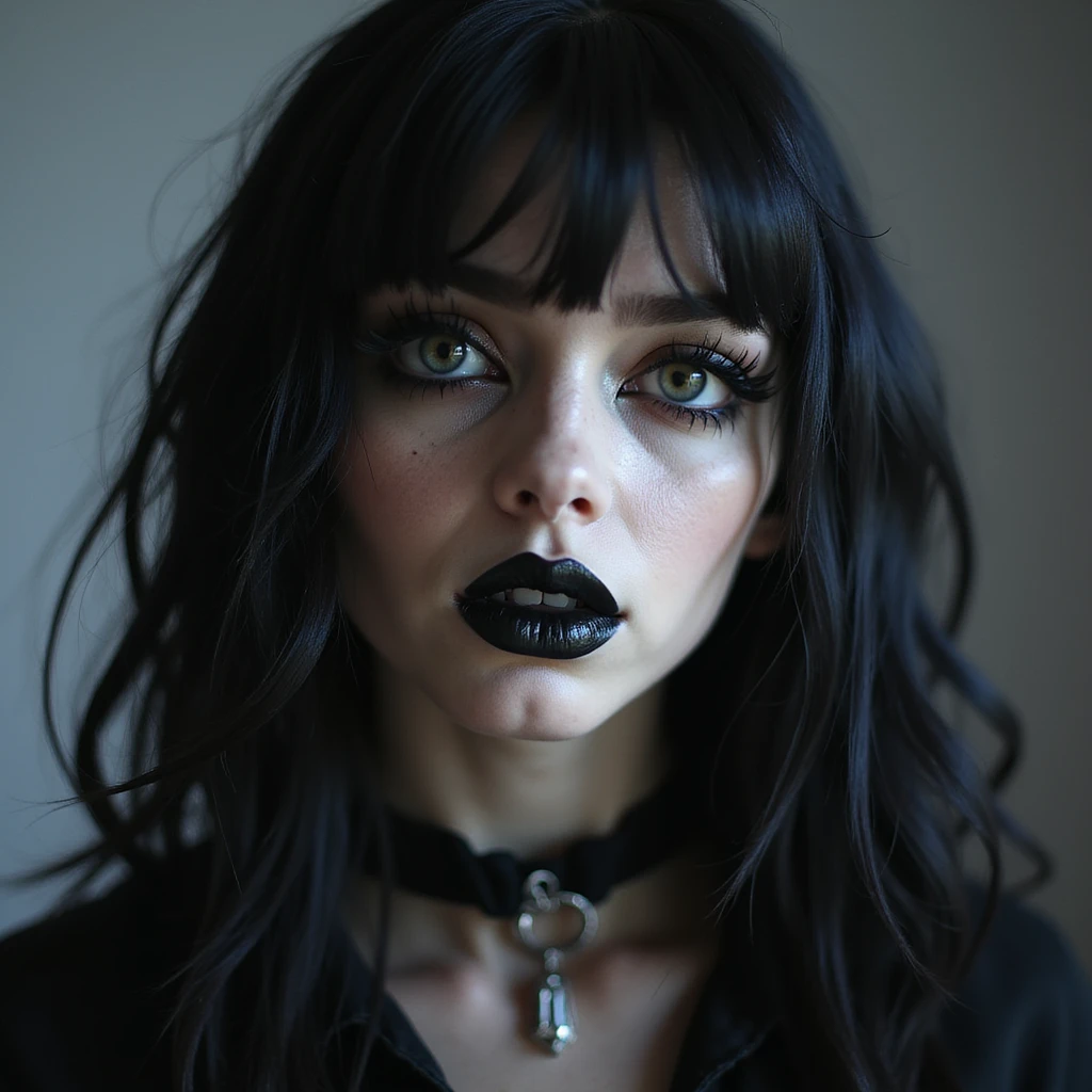BLACKPINK inspired goth emoji, photorealistic style, black lipstick, black contact lenses, dark background, mysterious vibe emoji