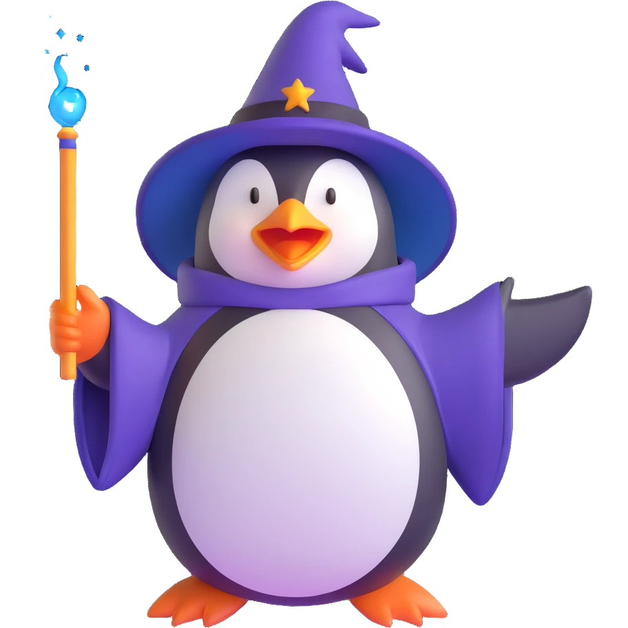 penguin wizard casting a spell with magic wand emoji