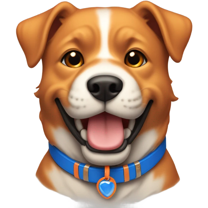 happy cute american stafford with simple blue collar with orange pendant from half side perspective emoji