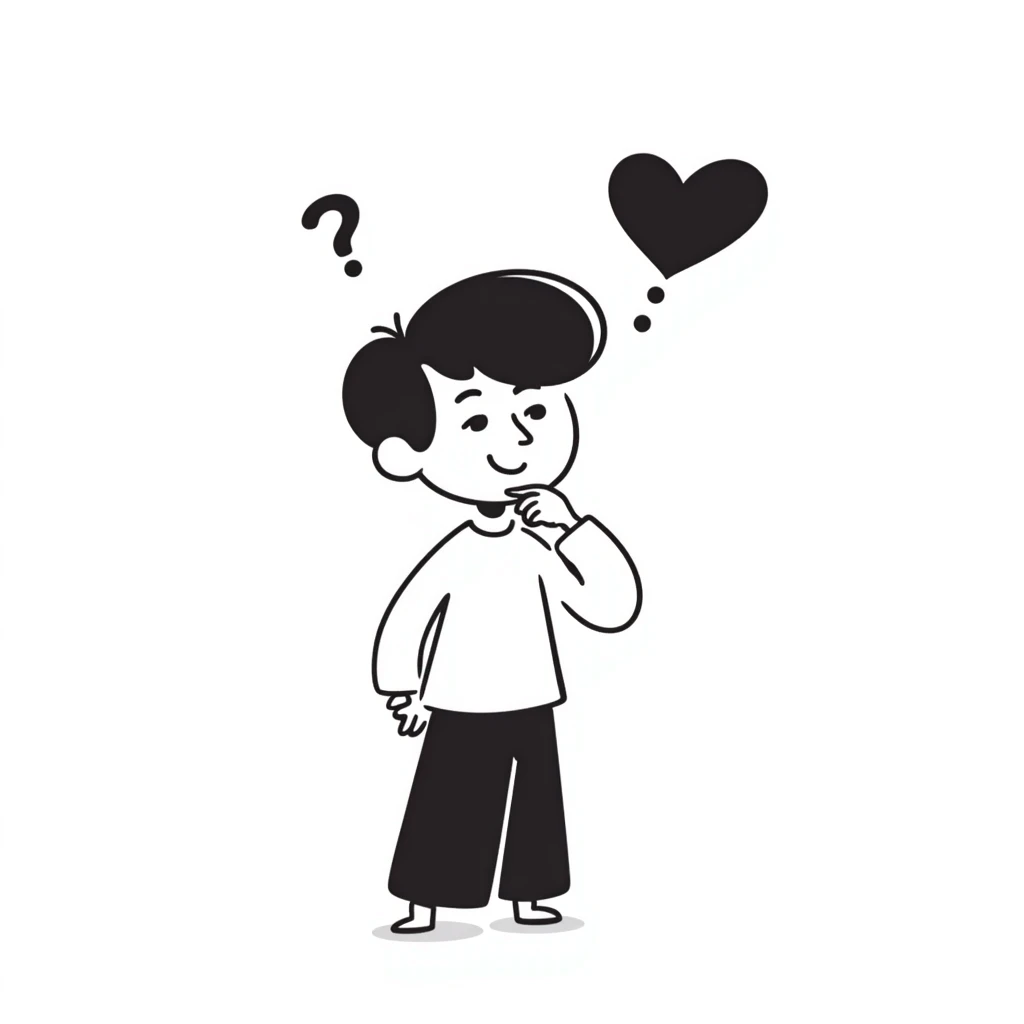 boy with hand on chin, thought bubble with a heart and question mark, simple lines emoji