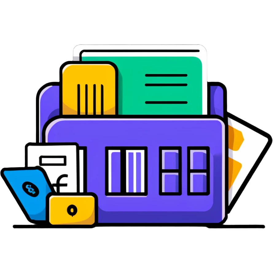 Closed folder icon with small symbols floating around: bank building, credit card, calculator, and document – organized financial archive emoji