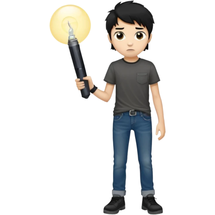  > 15-year-old boy, 165 cm tall, slim build, light tan skin, messy black hair, dark brown eyes with dark circles, wearing a dark t-shirt and faded jeans, holding a small flashlight, expression of curiosity mixed with fear, dim and foggy background, realistic style. emoji