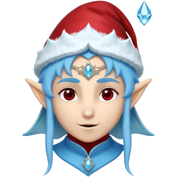 Fantasy elf portrait emoji, Santa Claus hat with icy frost edges, thin icy crystal crown with deep red accents under the hat, elegant elven features, cold noble winter expression, icy blue and crimson color palette, minimal clean design, flat readable emoji style, male/female variant
 emoji