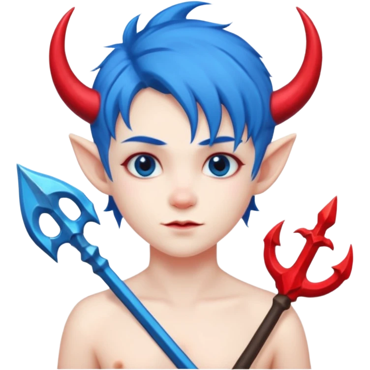 Blue-haired devil with trident, cute face, half body emoji