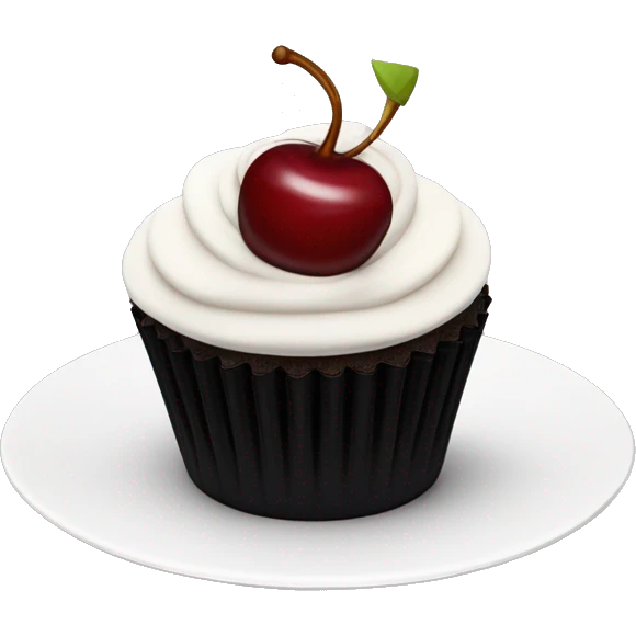 Dark red cherry cupcake with white frosting on top with black cupcake case  emoji
