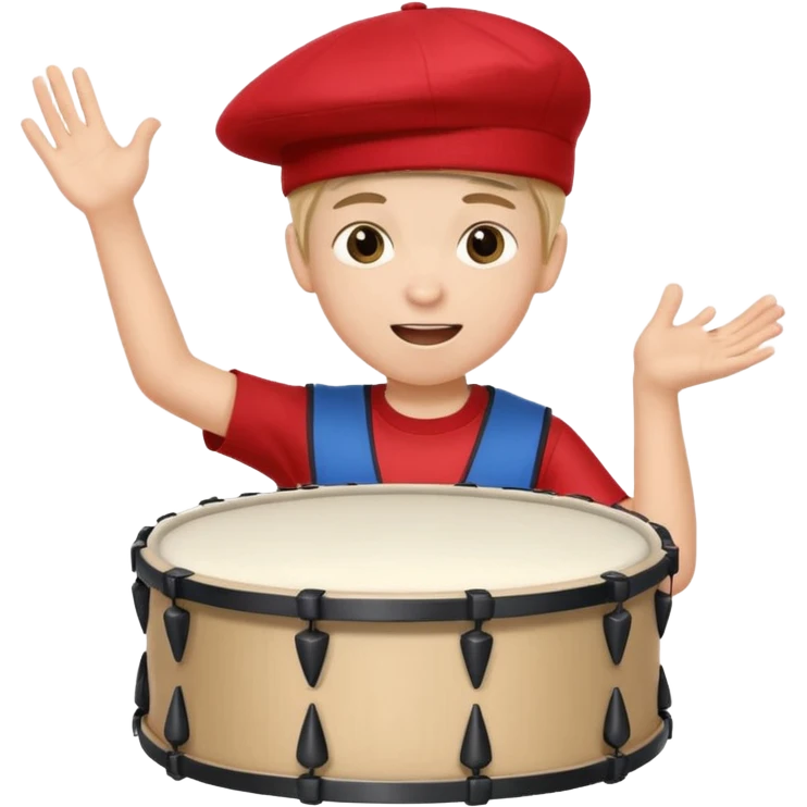 A young boy with a cap, wearing team colors, banging a small drum excitedly. emoji
