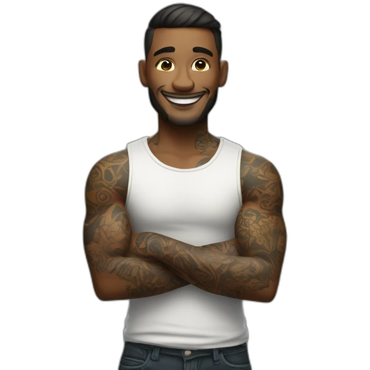 tattooed man smiling with arms crossed emoji