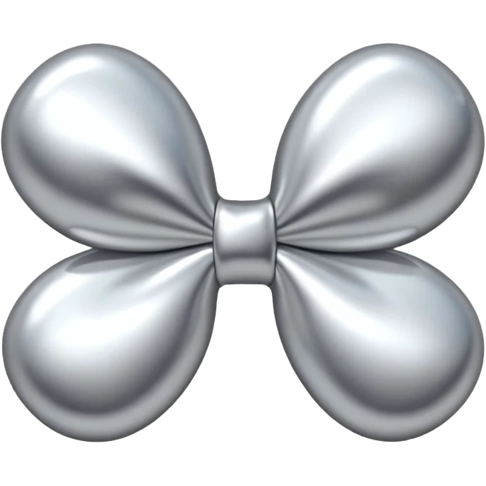 A cute bow emoji made of polished silver chrome, smooth rounded loops, glossy metallic surface, soft mirror reflections, subtle highlights, minimal and adorable proportions, iOS emoji style, centered composition, clean white background, soft studio lighting, no text, no outline, ultra high quality emoji