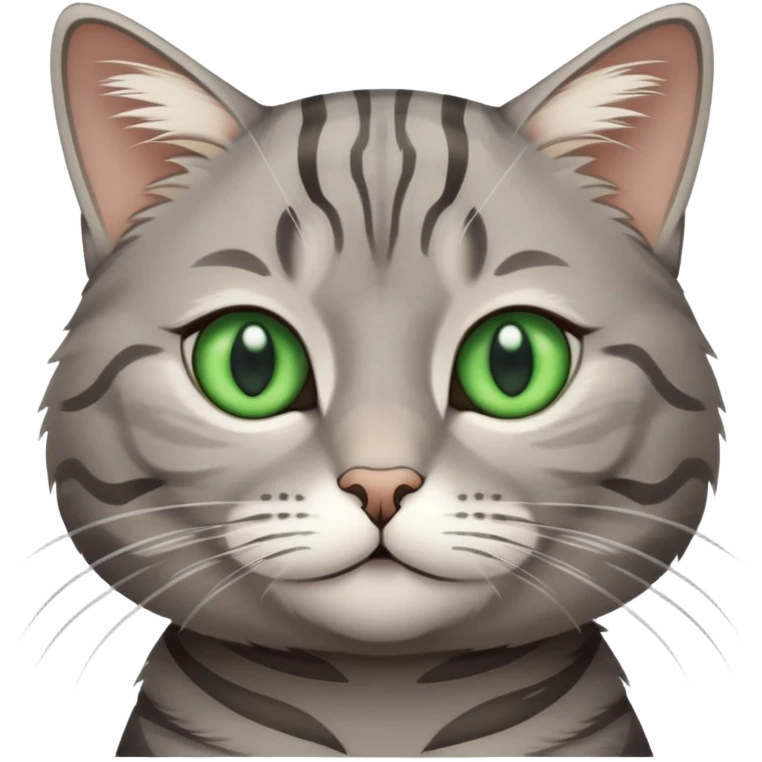 grey tabby cat with lines, small close-set green eyes emoji