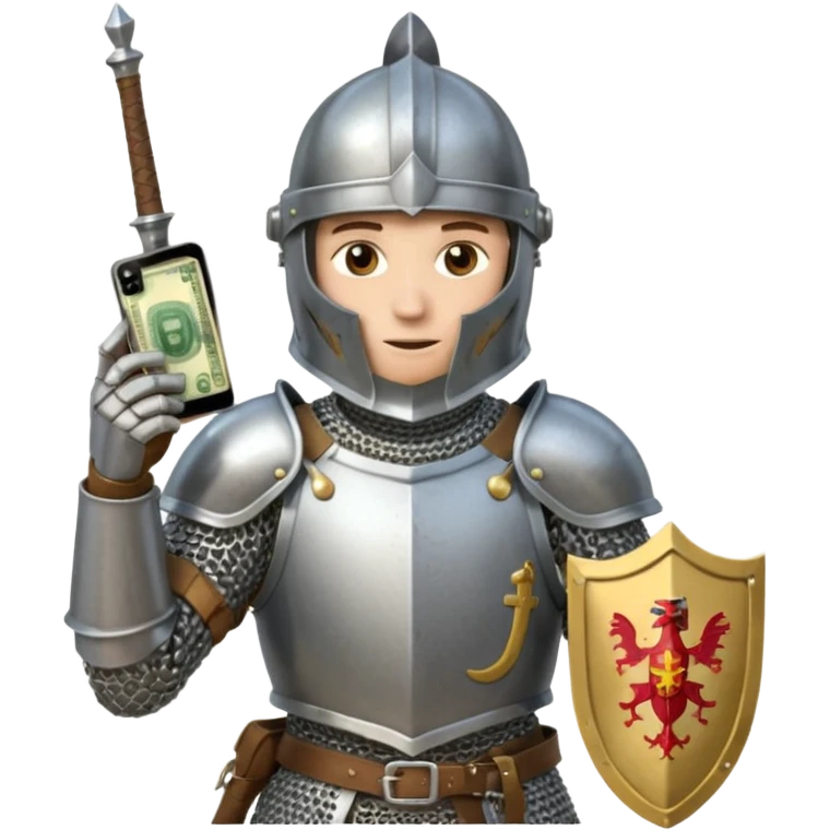 Knight with helmet holding phone and money neutral skin colour emoji