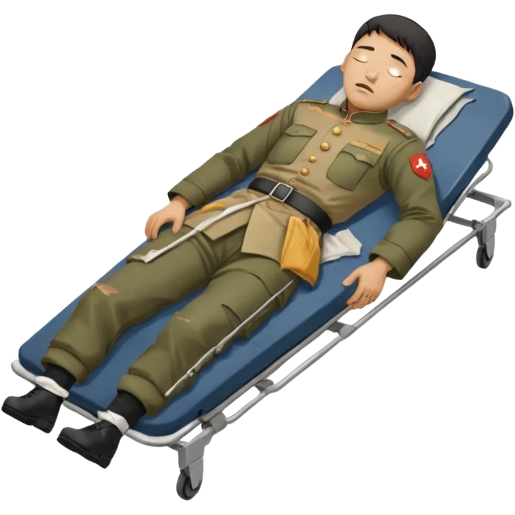 a man of oriental appearance, dressed in torn clothes, full length, with closed eyes, head lying on a stretcher, in a prone position, with injuries on a black military stretcher, 1980 emoji