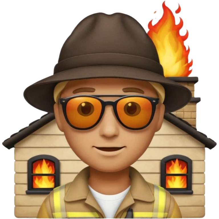 a man standing with a house on fire in the background, apple style emoji emoji