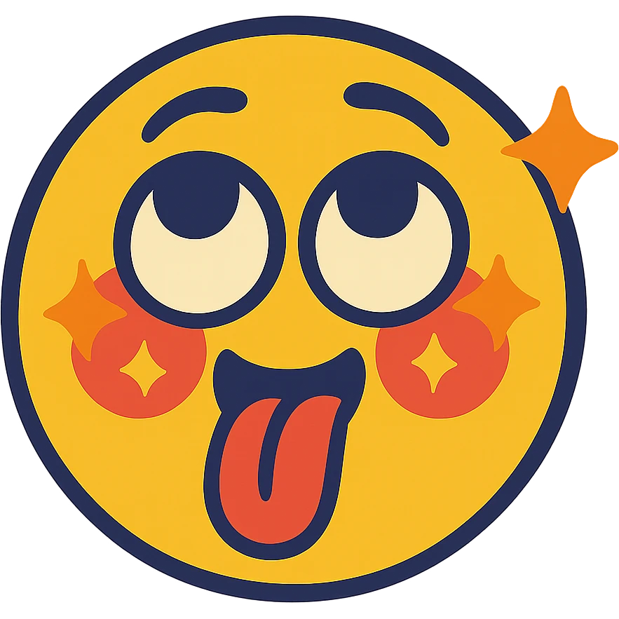 blushing face with eyes rolled up, tongue out, sparkles around cheeks, vibrant toon style emoji