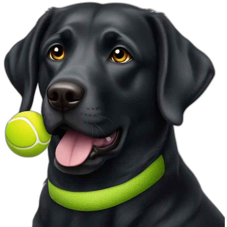 Black Labrador retriever holding tennis ball in mouth small eyes gray hair on chin emoji